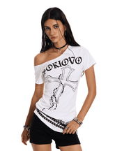 Off - Shoulder Cross Graphic Tee - COPPING THREADS - 0123Start